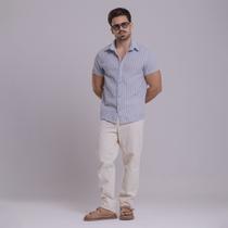 Camisa de Linho Listrada Masculina Social Gola Italiana Visco-Linho Manga Curta Gola Italiana