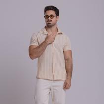 Camisa de Linho Listrada Masculina Social Gola Italiana Visco-Linho Manga Curta Gola Italiana Camisa de Linho Listrada Masculina Social Gola Italiana Visco-Linho Manga Curta Gola Italiana