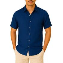 Camisa de Linho Manga curta Social Verão Fresca Gola Italiana Elegante em Visco-Linho Camisa de Linho Manga curta Social Verão Fresca Gola Italiana Elegante em Visco-Linho
