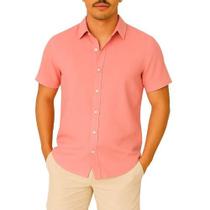 Camisa de Linho Manga curta Social Verão Fresca Gola Italiana Elegante em Visco-Linho