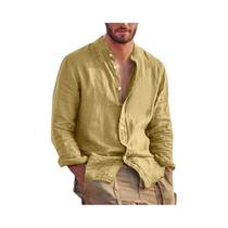 Camisa De Linho Masculina De Manga Longa, Cor Sólida, Casual, Leve, Respirável, Com Gola Alta,