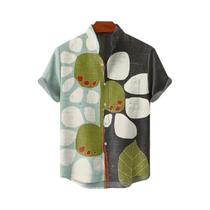 Camisa De Linho Masculina De Verão Com Estampa Artística Em Bloco De Cores, Manga Curta, Confortável