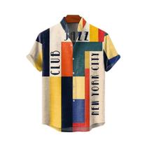 Camisa De Linho Masculina De Verão Com Estampa De Padrão Artístico Em Cores Contrastantes, Manga