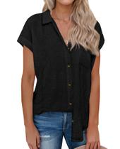 Camisa de linho siliteelon para mulheres de manga curta preta XXL