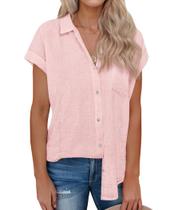 Camisa de linho siliteelon para mulheres de manga curta rosa G-Small