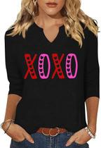 Camisa de manga 3/4 com decote em V Love Heart Graphic para mulher