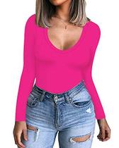 Camisa de manga comprida CLOZOZ para mulheres com decote em V, camiseta básica ajustada