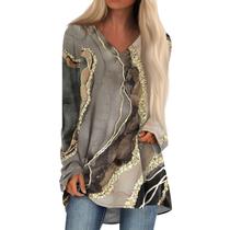 Camisa de manga comprida COTECRAM com decote em V, túnica plus size, cinza escuro