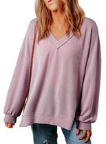 Camisa de manga comprida EVALESS com decote em V Basic Solid Light Purple