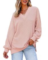 Camisa de manga comprida feminina Dokotoo com decote em V em malha waffle rosa S Camisa de manga comprida feminina Dokotoo com decote em V em malha waffle rosa S
