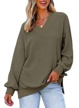 Camisa de manga comprida feminina Dokotoo com decote em V em malha waffle verde S Camisa de manga comprida feminina Dokotoo com decote em V em malha waffle verde S