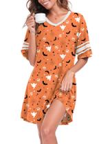 Camisa de noite feminina REGAI com decote em V laranja de Halloween Camisa de noite feminina REGAI com decote em V laranja de Halloween