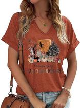 Camisa de outono feminina Ovazly com decote em V para Halloween e Ação de Graças XXL Camisa de outono feminina Ovazly com decote em V para Halloween e Ação de Graças XXL