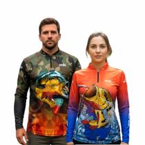 Camisa de Pesca Casal Tucunare King Proteção Solar Gola E Zíper Masculina e Feminina