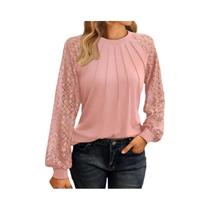 Camisa De Renda De Manga Comprida Feminina Primavera Casual Elegante Plissado Em Torno Do Pescoço