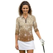 Camisa de tênis Boatee Golf de manga 3/4 dourada com glitter para mulheres Camisa de tênis Boatee Golf de manga 3/4 dourada com glitter para mulheres