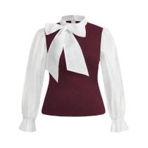 Camisa De Trabalho Feminina plus Size Elegante Com Laço Contrastante Manga Longa A-Line Rosa Preta