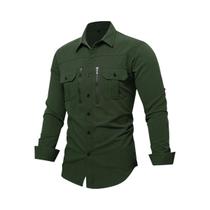 Camisa De Trabalho Masculina De Manga Longa 100% Algodão Com Zíper E Bolso, Casual E Em Cores