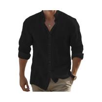 Camisa De Verão Masculina plus Size Em Algodão E Linho De Manga Longa, Cor Sólida, Colarinho Alto,