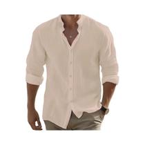 Camisa De Verão Masculina plus Size Em Algodão E Linho De Manga Longa, Cor Sólida, Colarinho Alto,
