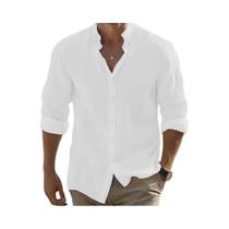 Camisa De Verão Masculina plus Size Em Algodão E Linho De Manga Longa, Cor Sólida, Colarinho Alto,