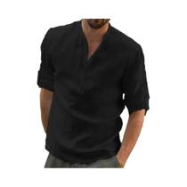Camisa De Verão Masculina plus Size Em Algodão E Linho De Manga Longa, Cor Sólida, Colarinho Alto,