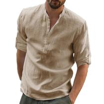 Camisa De Verão Masculina plus Size Em Algodão E Linho De Manga Longa, Cor Sólida, Colarinho Alto,