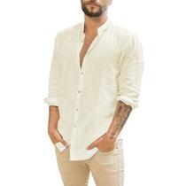 Camisa De Verão Masculina plus Size Em Algodão E Linho De Manga Longa, Cor Sólida, Gola Alta, Estilo