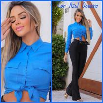 Camisa de viscolinho com elastano azul cor oceano Camisa de viscolinho com elastano azul cor oceano