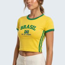 Camisa Do Brasil Bordada BabyLook Curta Cropped Feminina Camisa Do Brasil Bordada BabyLook Curta Cropped Feminina