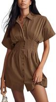 Camisa Dress synound feminina com botão frontal para baixo marrom listrado