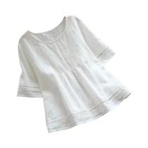 Camisa Elegante De Algodão E Linho Para Mulheres, Cor Sólida, Casual, Gola Redonda, Manga Curta, Top