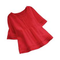 Camisa Elegante De Algodão E Linho Para Mulheres, Cor Sólida, Casual, Gola Redonda, Manga Curta, Top