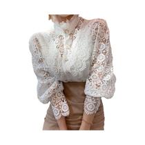 Camisa Elegante Feminina De Renda Com Gola Alta E Manga Em Pétala, Blusa De Escritório Com Detalhes
