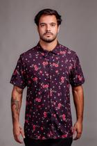 Camisa estampada floral de viscose masculina manga curta de botão