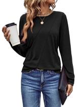 Camisa EVALESS de manga comprida para mulheres, casual, gola redonda, preta, 2GG