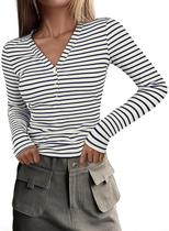 Camisa feminina Acelitt plus size, manga comprida, decote em V, listrada