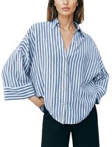 Camisa feminina Agoeast listrada com botões, decote em V, manga 3/4 Camisa feminina Agoeast listrada com botões, decote em V, manga 3/4