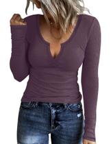 Camisa feminina AKEWEI, moda outono 2024, algodão canelado, decote em V, roxa Camisa feminina AKEWEI, moda outono 2024, algodão canelado, decote em V, roxa
