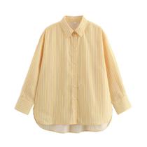 Camisa Feminina Amarela Listrada Solta Primavera Verão Com Gola Dobrável E Botões Frontais Moda