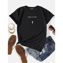 Camisa Feminina Arte Ilustração Jesus Is King Com Cruz Minimalista Baby Look 100% Algodão Camisa Feminina Arte Ilustração Jesus Is King Com Cruz Minimalista Baby Look 100% Algodão