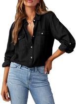 Camisa feminina Astylish, jeans, trabalho, manga comprida, decote em V, preta Camisa feminina Astylish, jeans, trabalho, manga comprida, decote em V, preta