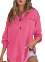 Camisa feminina Astylish Waffle com decote em V, manga comprida, rosa vermelha