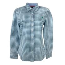 Camisa Feminina Aurochs Manga Longa Xadrez Azul/Branco/Ocre Claro Com Logo Bordado Verde