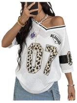 Camisa feminina BEAUDRM Y2K Leopard Number, camisa estampada branca
