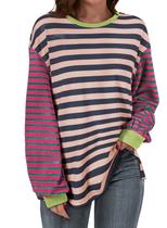 Camisa feminina BLENCOT 2025 listrada de grandes dimensões, manga comprida, 2GG