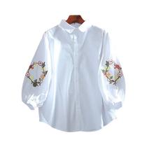 Camisa Feminina Bordada De Verão Com Manga 3/4, Gola Lapela Casual E Estilo Literário