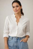 Camisa Feminina Bordada Laise Manga Longa Elegante Decote V Ondulado com Botões Delicada Batizado Evangélica - Camisa Feminina Bordada Laise Manga Longa Elegante Decote V Ondulado com Botões Delicada Batizado Evangélica -