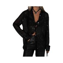 Camisa Feminina Brilhante De Manga Longa Com Botões E Gola Dobrável Para Primavera - Moda Festa E Camisa Feminina Brilhante De Manga Longa Com Botões E Gola Dobrável Para Primavera - Moda Festa E