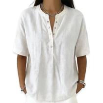 Camisa feminina casual de linho e algodão com gola Henley branca Camisa feminina casual de linho e algodão com gola Henley branca